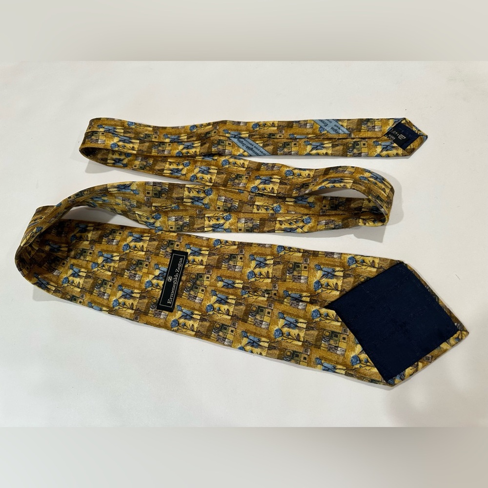 Ermenegildo Zegna Men's Tie 100% Silk Made Italy Floral Blue Yellow Cottage 58”